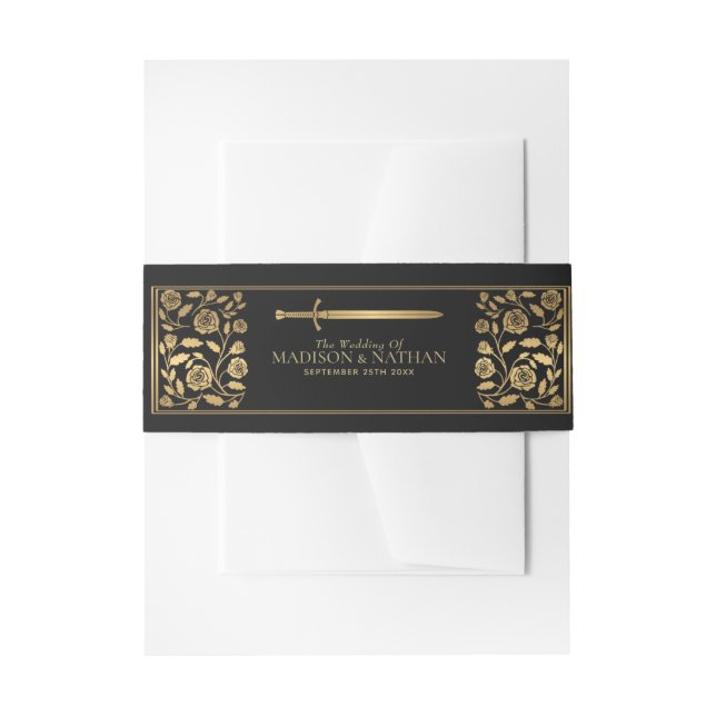 Black Royal Medieval Gold Sword Wedding  Invitation Belly Band (Front Example)