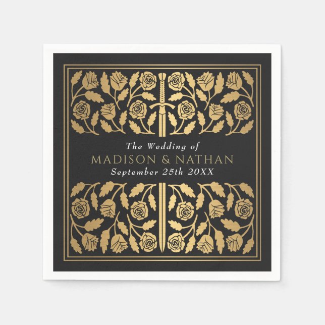 Black Royal Medieval Gold Sword Wedding Napkins (Front)