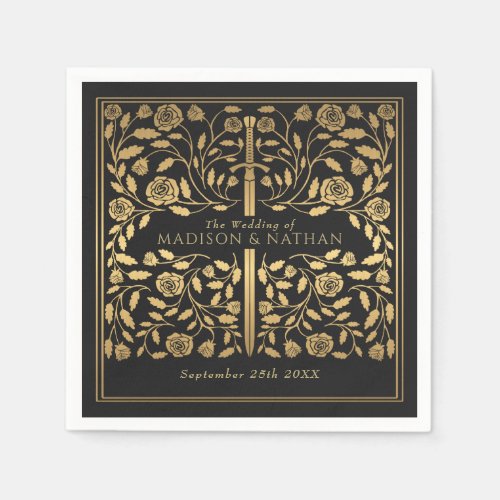 Black Royal Medieval Gold Sword Wedding Napkins