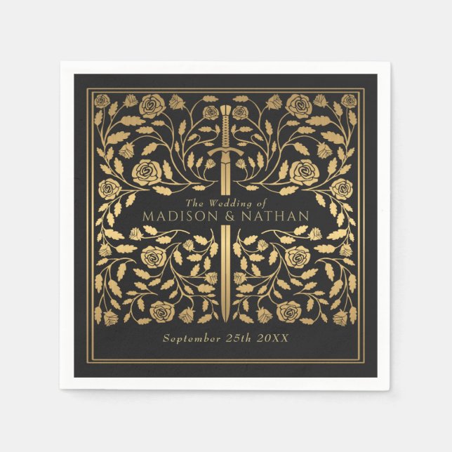 Black Royal Medieval Gold Sword Wedding Napkins (Front)