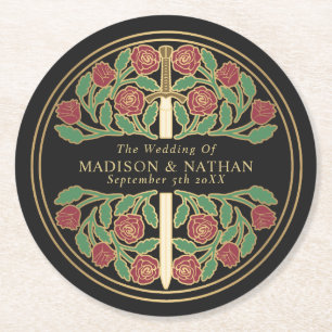 Black Royal Medieval Gold Sword Wedding Round Paper Coaster