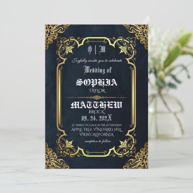 Black Royal Medieval Gold Wedding Invitation (Standing Front)
