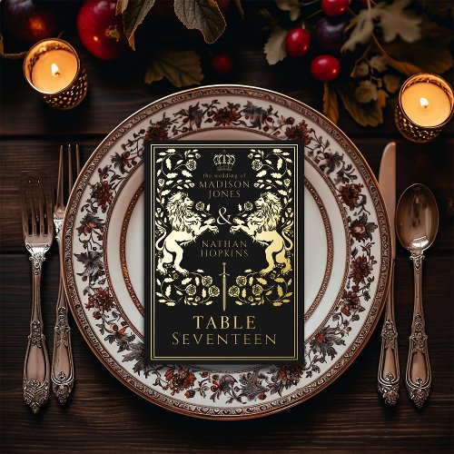 Black Royal Medieval Lion Wedding  Foil Table Card