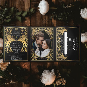 Black Royal Medieval Lion Wedding Tri-Fold Invitation
