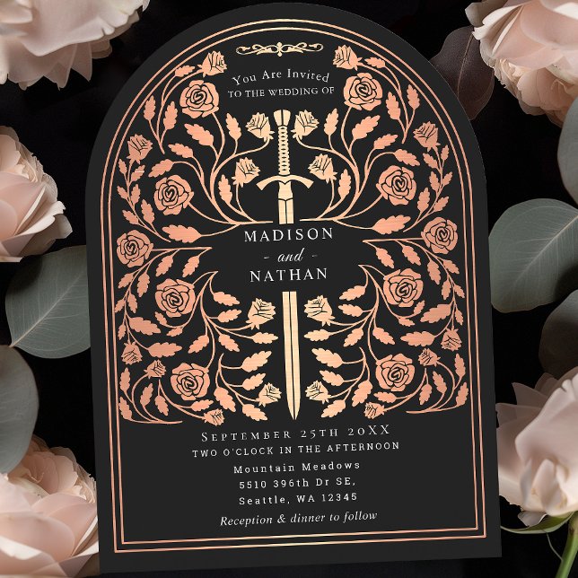 Black Royal Medieval Rose Gold Sword Wedding Arch Invitation (Creator Uploaded)