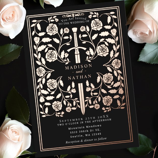 Black Royal Medieval Rose Gold  Sword Wedding  Foil Invitation (Creator Uploaded)