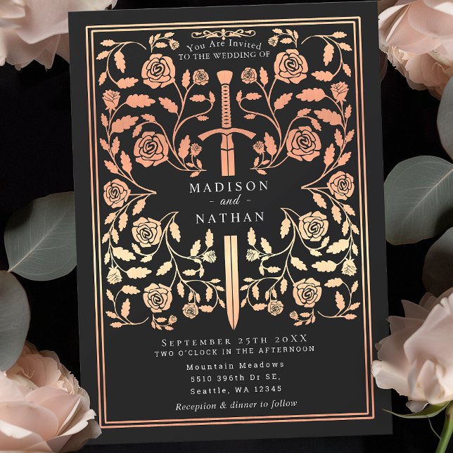 Black Royal Medieval Rose Gold  Sword Wedding  Invitation (Creator Uploaded)