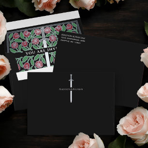 Black Royal Medieval Silver Floral Sword Wedding Envelope