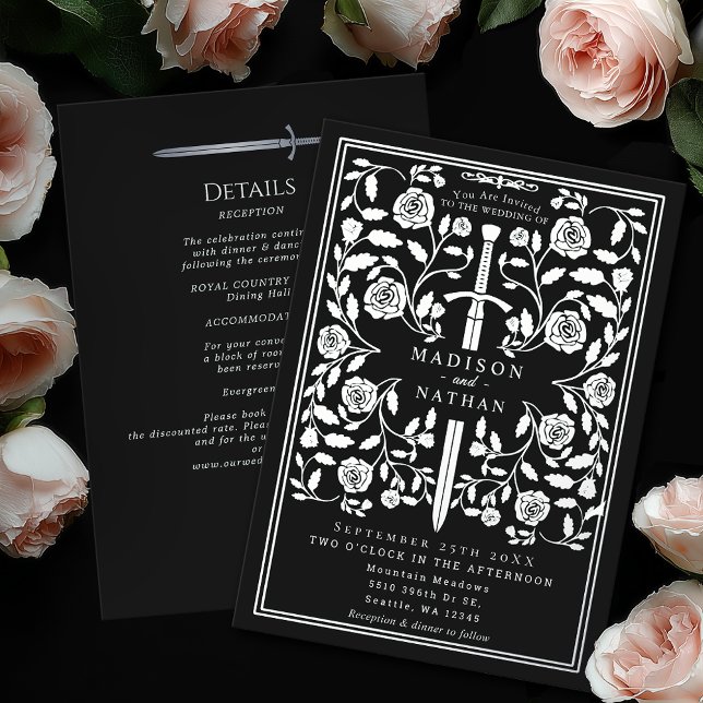 Black Royal Medieval Silver Sword Wedding Details Foil Invitation (Creator Uploaded)