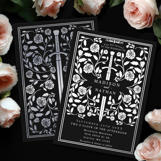 Black Royal Medieval Silver Sword Wedding Foil Invitation (Creator Uploaded)