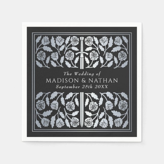 Black Royal Medieval Silver Sword Wedding Napkins (Front)