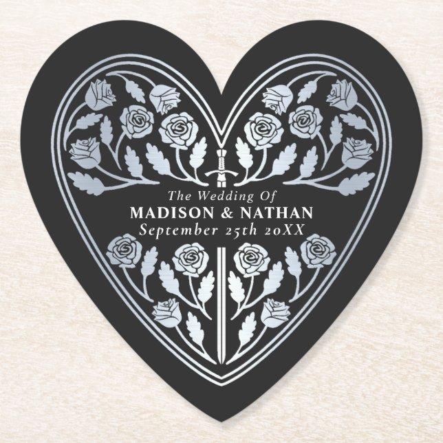 Black Royal Medieval Silver Sword Wedding Paper Coaster (Front)