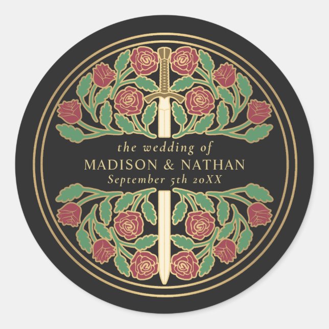 Black Royal Medieval Sword Wedding  Classic Round Sticker (Front)