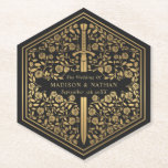 Black Royal Medieval Sword Wedding Paper Coaster<br><div class="desc">Celebrate your special day with this Royal Medieval Sword Wedding design. The design on the back of the invite is NOT real gold foil. You can customize this further by clicking on the "PERSONALIZE" button.</div>