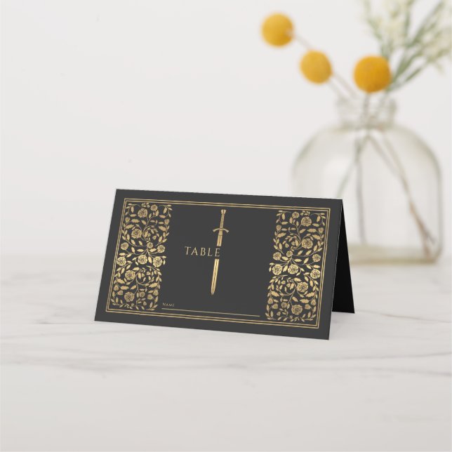 Black Royal Medieval Sword Wedding Place Card (Front)