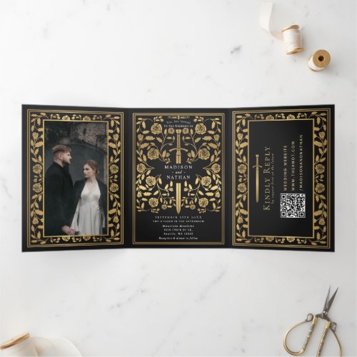 Black Royal Medieval Sword Wedding QR Code Tri_Fold Invitation