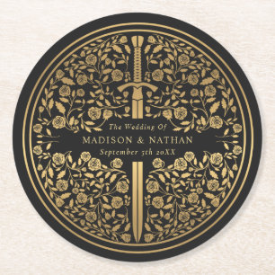Black Royal Medieval Sword Wedding Round Paper Coaster