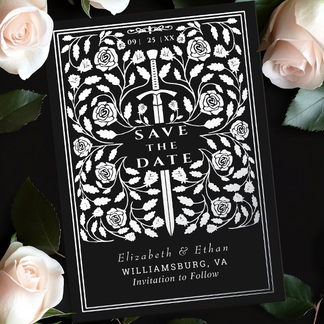 Black Royal Medieval Sword Wedding Save the Date Foil Invitation (Creator Uploaded)