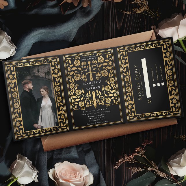 Black Royal Medieval Sword Wedding Tri-Fold Invitation (Creator Uploaded)