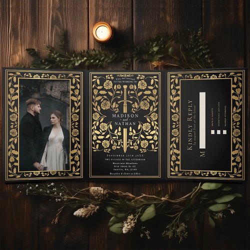 Black Royal Medieval Sword Wedding Tri_Fold Invitation