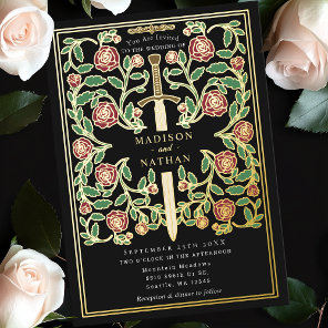 Black Royal Sword Floral Medieval Fantasy Wedding  Foil Invitation