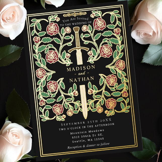 Black Royal Sword Floral Medieval Fantasy Wedding  Foil Invitation (Creator Uploaded)