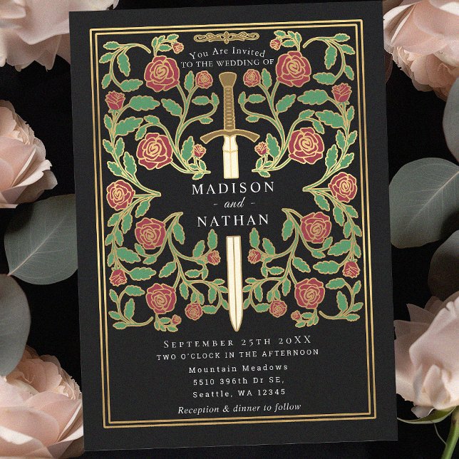 Black Royal Sword Floral Medieval Fantasy Wedding  Invitation (Creator Uploaded)