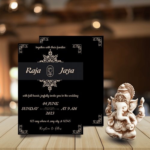 Black royal wedding invitation with Indian pattern