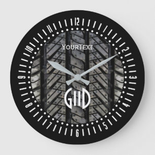 Black Rubber Tire Thread Text Plus Monogram on a Large Clock