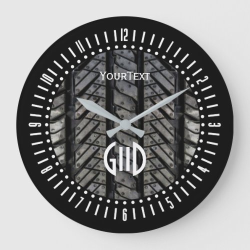 Black Rubber Tire Thread Text Plus Monogram on a Large Clock