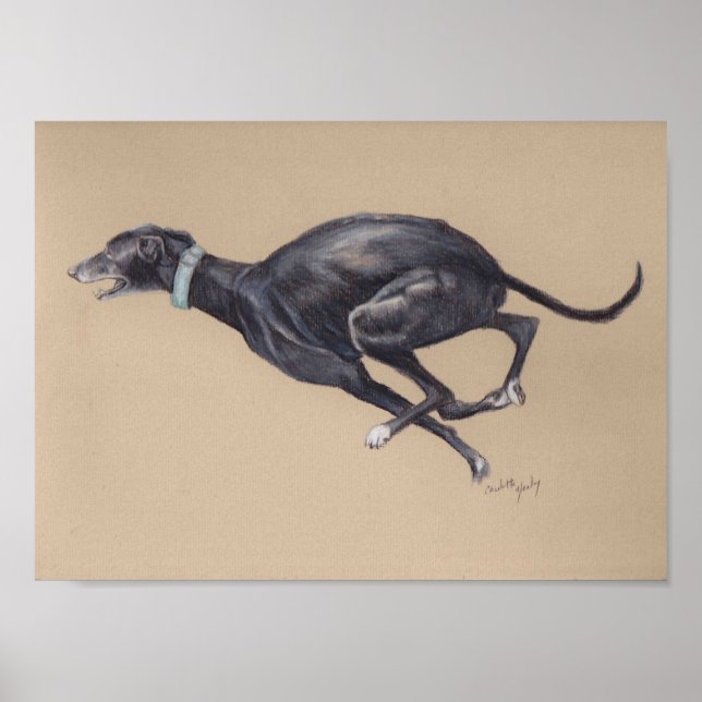 Black Running Greyhound Dog Art Print (Front)