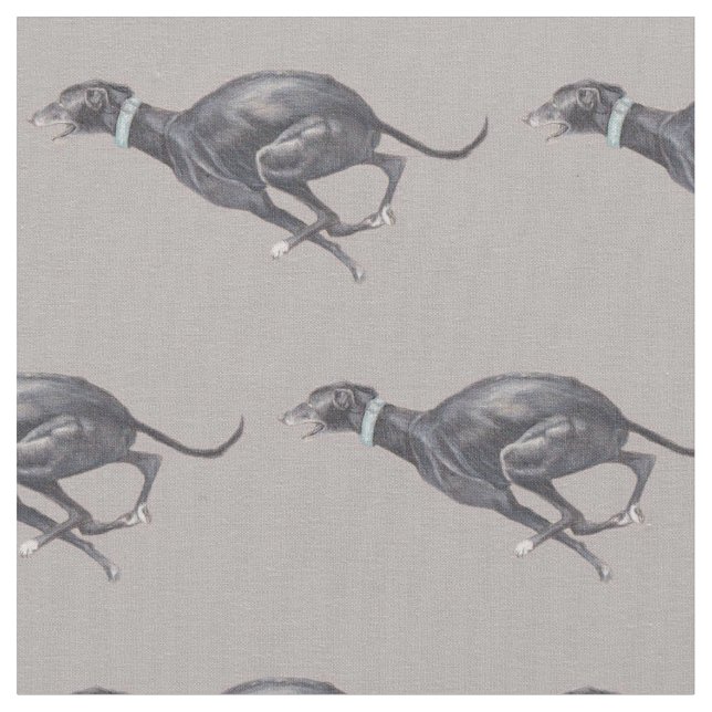 Black Running Greyhound on Gray Dog Art Fabric (Close Up)