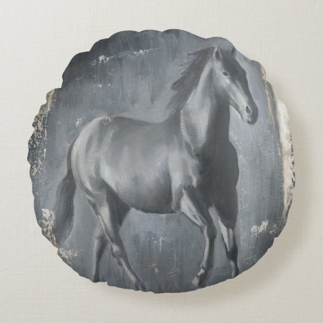 Black Running Stallion Round Pillow (Front)