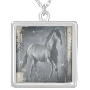 Black Running Stallion Silver Plated Necklace