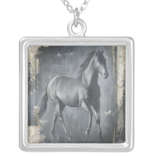 Black Running Stallion Silver Plated Necklace (Front)