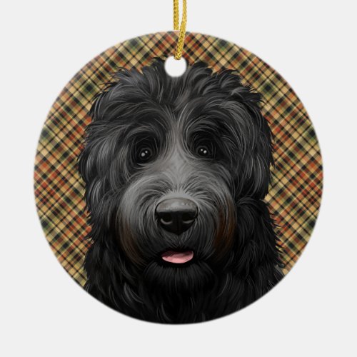 BLACK RUSSIAN TERRIER DOG GOLD RED GREEN PLAID CERAMIC ORNAMENT