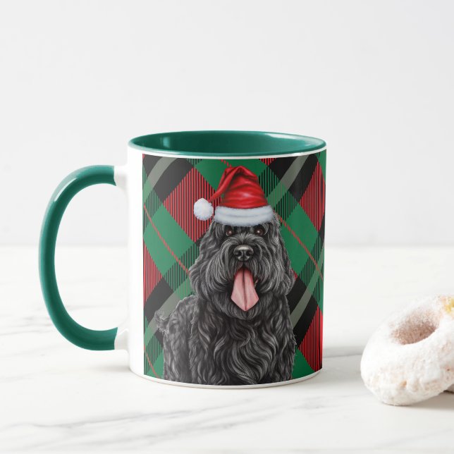 Black Russian Terrier Dog Green Red Holiday Plaid Mug (With Donut)