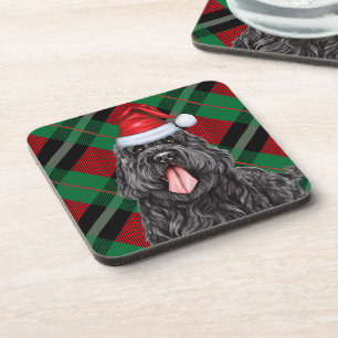 Black Russian Terrier Dog Holiday Green Plaid Beverage Coaster