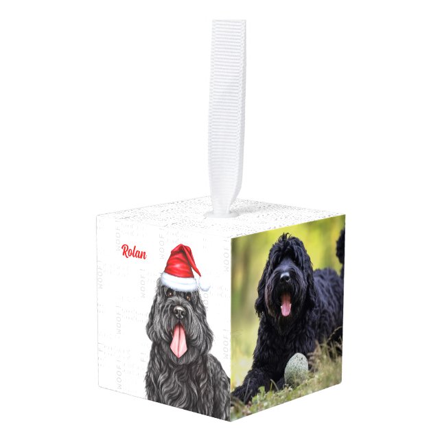 Black Russian Terrier Two Photo Christmas Holiday Cube Ornament (Front Angled)