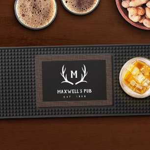 Black Rustic Antler Monogram Faux Burlap Border Bar Mat