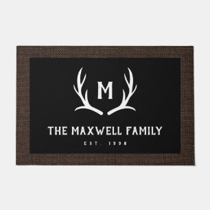 Black Rustic Antler Monogram Faux Burlap Border Doormat