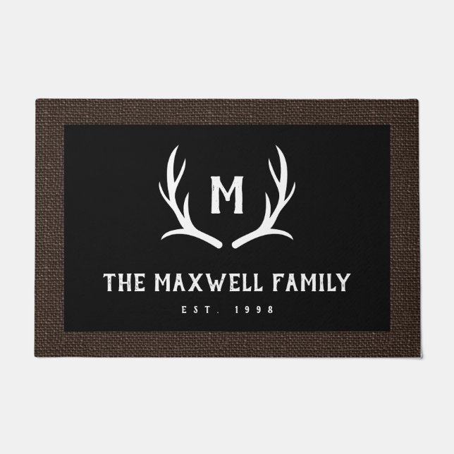 Black Rustic Antler Monogram Faux Burlap Border Doormat (Front)