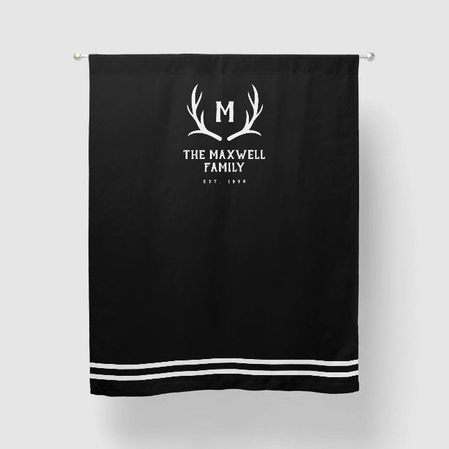 Black Rustic Antler Monogram White Stripes Blackout Curtains (Front)