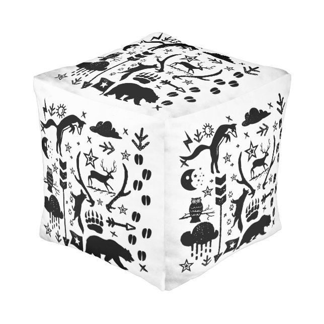 Black Rustic Bear Fox Deer Adventure Wild Animals Pouf (Angled Front)