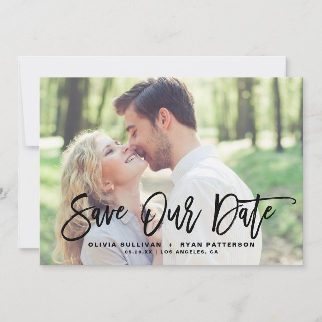 Black Rustic Brush Calligraphy Photo Save Our Date Save The Date (Front)