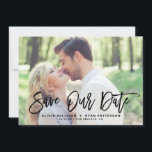 Black Rustic Brush Calligraphy Photo Save Our Date Save The Date<br><div class="desc">Stylish save the date announcement featuring brush modern calligraphy with green leaves pattern. This will be a perfect save the date for spring and summer weddings. You can customize the back by adding your own pattern or adding another photo.</div>