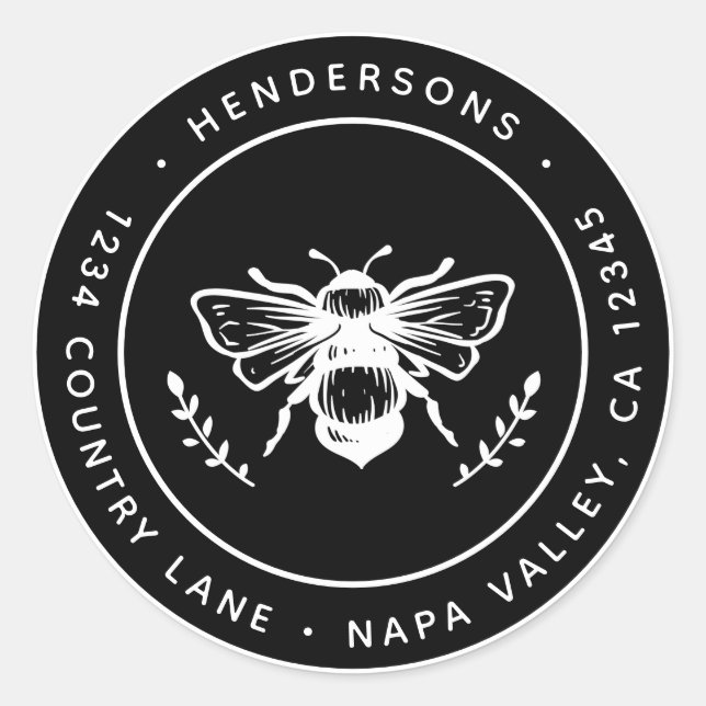 Black Rustic Bumblebee Round Return Address Classic Round Sticker (Front)
