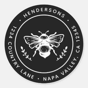 Black Rustic Bumblebee Round Return Address Classic Round Sticker