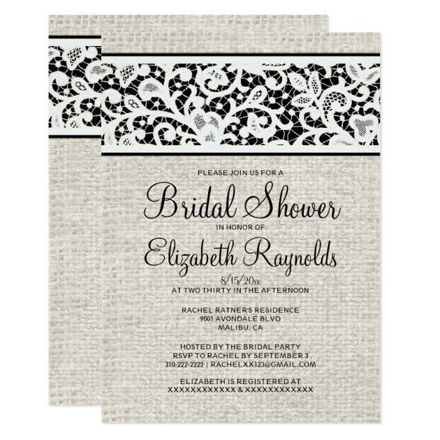 Black Rustic Burlap Linen Bridal Shower Invitation