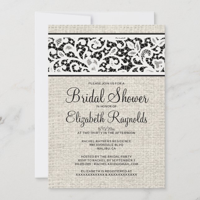 Black Rustic Burlap Linen Bridal Shower Invitation (Front)